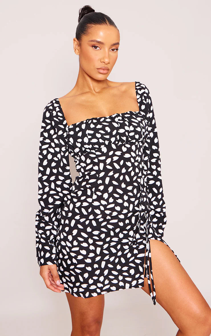 Black Floral Puff Sleeve Frill Hem Tea Dress