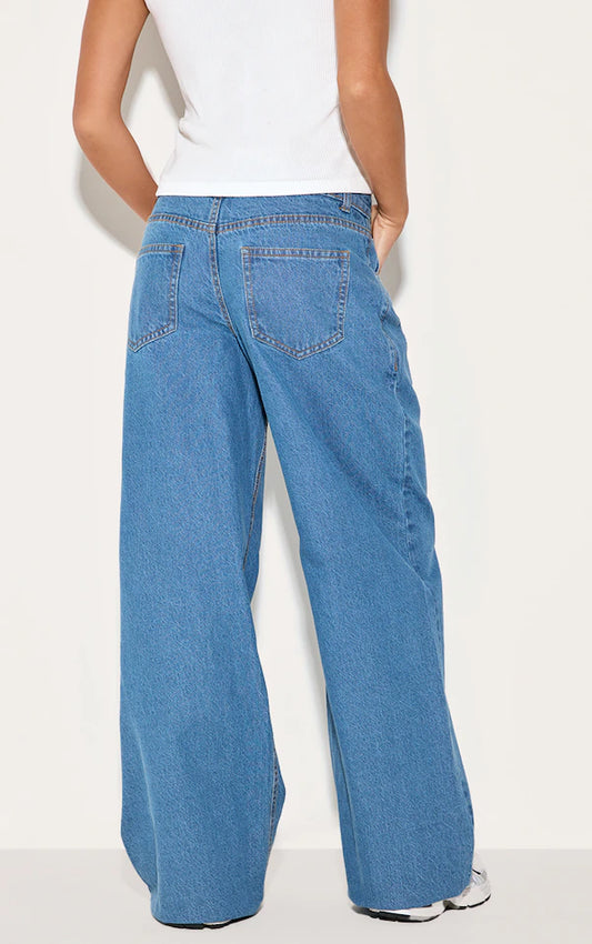 Mid Blue Wash Low Waist Wide Leg Jeans
