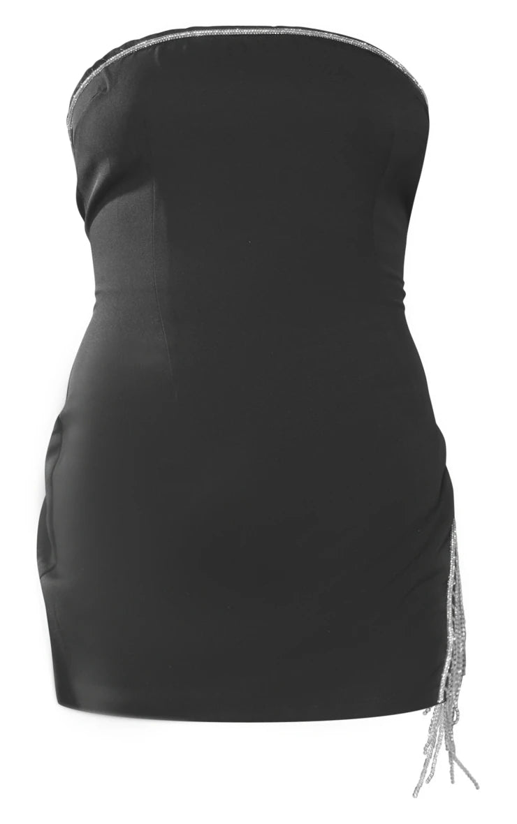 Black Woven Diamante Trim Bandeau Mini Dress