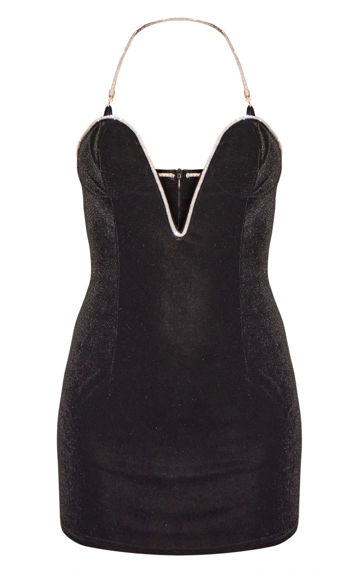 Black Diamante Velvet Bust Detail Plunge Bodycon Dress