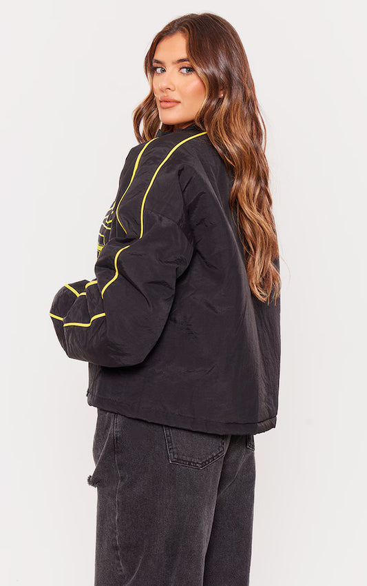 Plt - Black Contrast Oversized Slogan Zip Up Racer Bomber