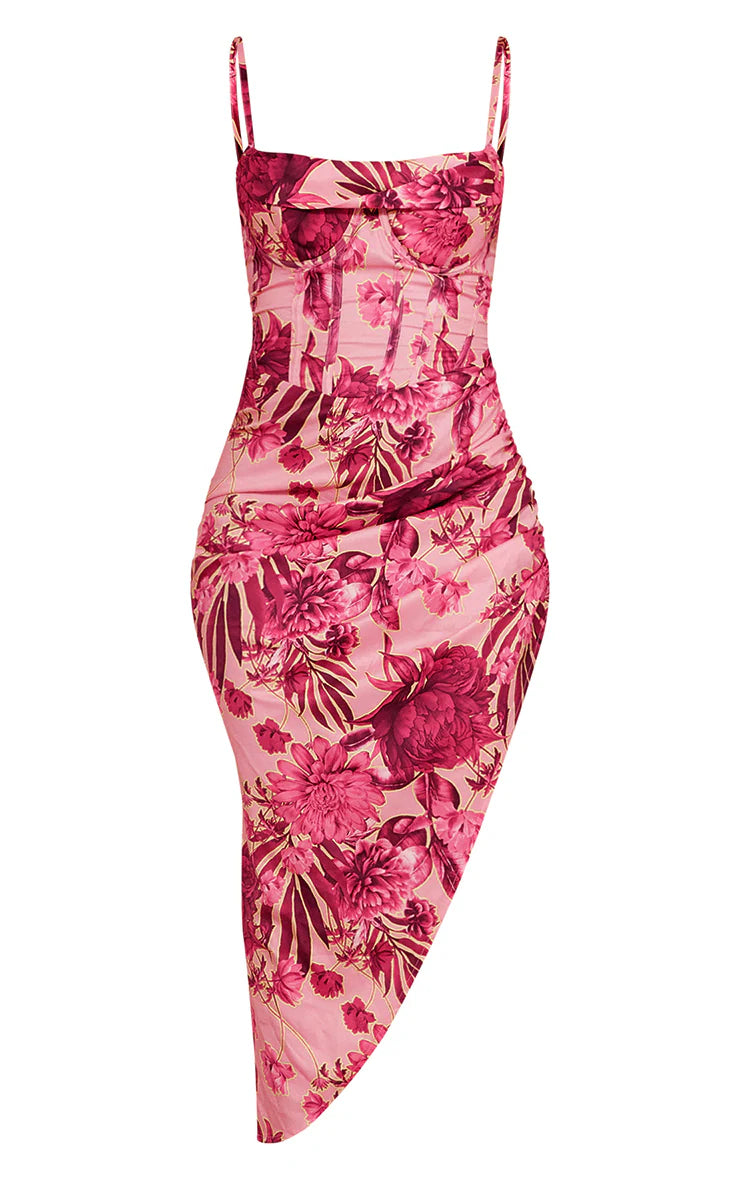 Pink Abstract Floral Print Corset Style Asymmetric Hem Midi Dress