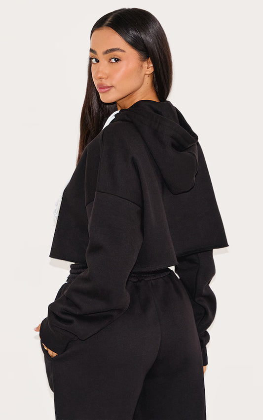 Petite Black Contrast Drawstring Cropped Zip Up Hoodie