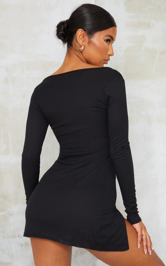 BLACK RIB SPLIT HEM SQUARE NECK LONG SLEEVE BODYCON DRESS