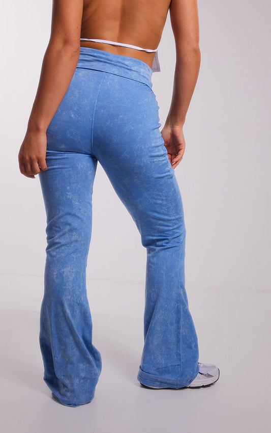 Blue Washed Cotton Fold Over Waist Flare Trousers