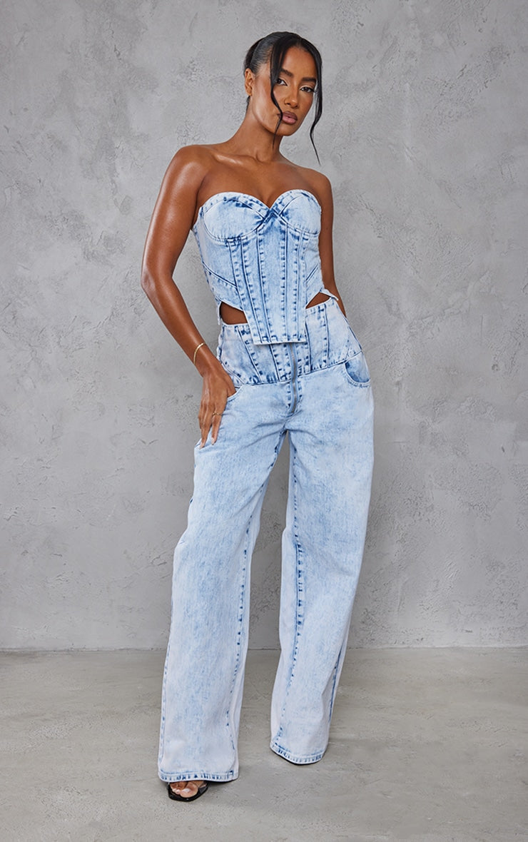 Light Blue Acid Wash Seam Detail Corset Waist Jeans