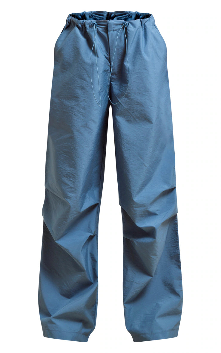 Grey Nylon Low Rise Drawstring Tie Waist Cargos