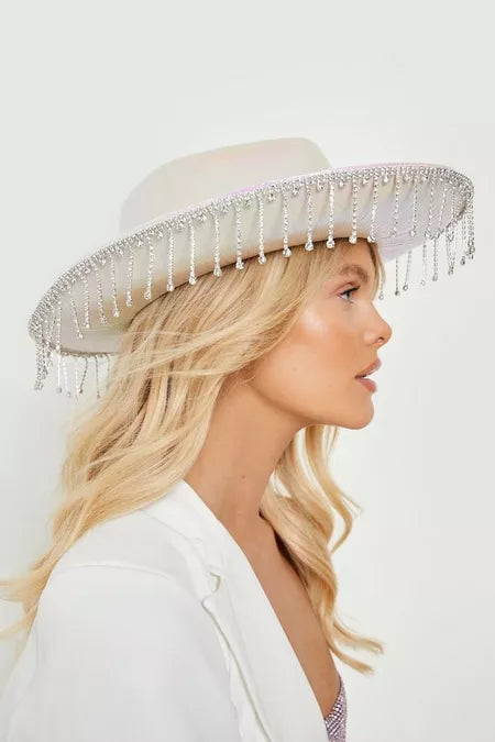 White Diamante Tassel Trim Cowboy Hat