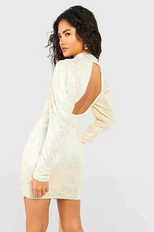 Boohoo - Sequin Puff Sleeve Drape Mini Party Dress