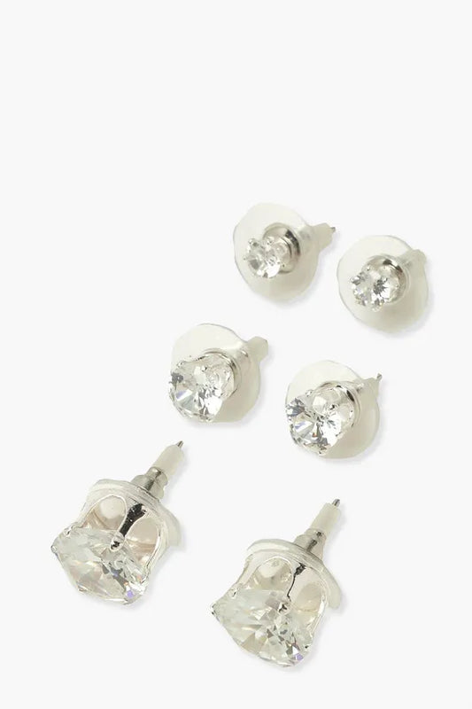 3 Pack Diamante Stud Earrings