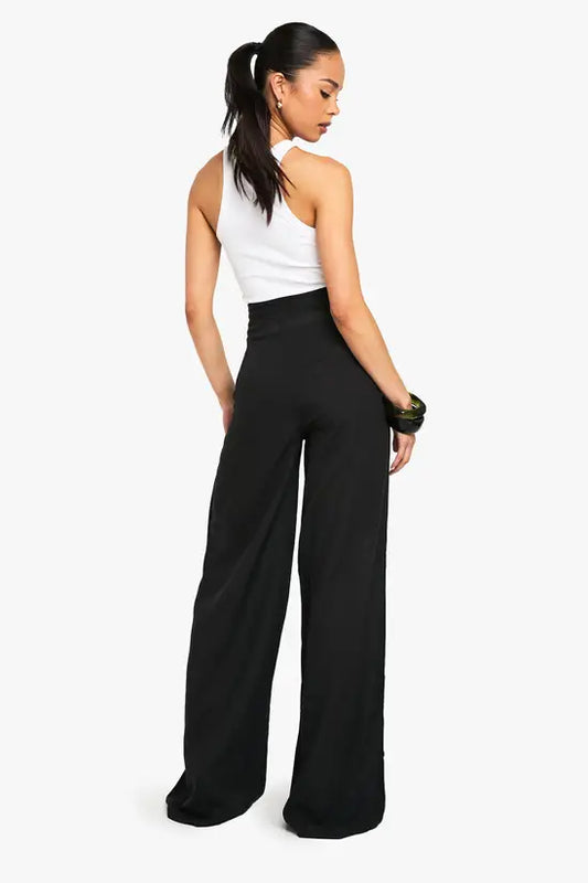 boohoo Linen Look Wide Leg Relaxed Fit Trousers