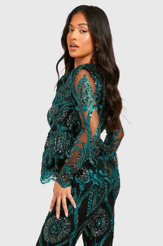 boohoo Petite Damask Sequin Peplum Top