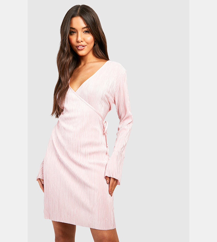 boohoo Plisse Flare Cuff Wrap Dress