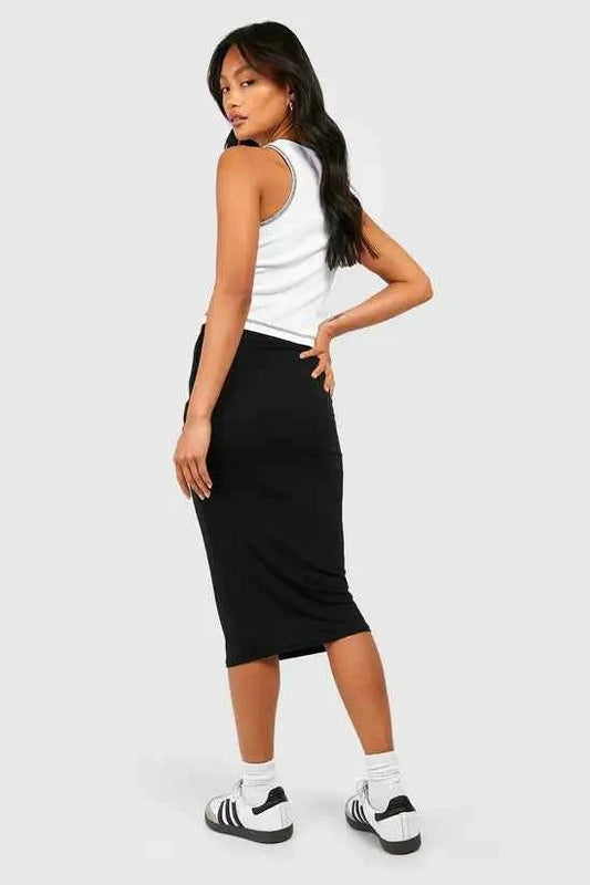 boohoo Basic Solid Black High Waisted Midi Skirt