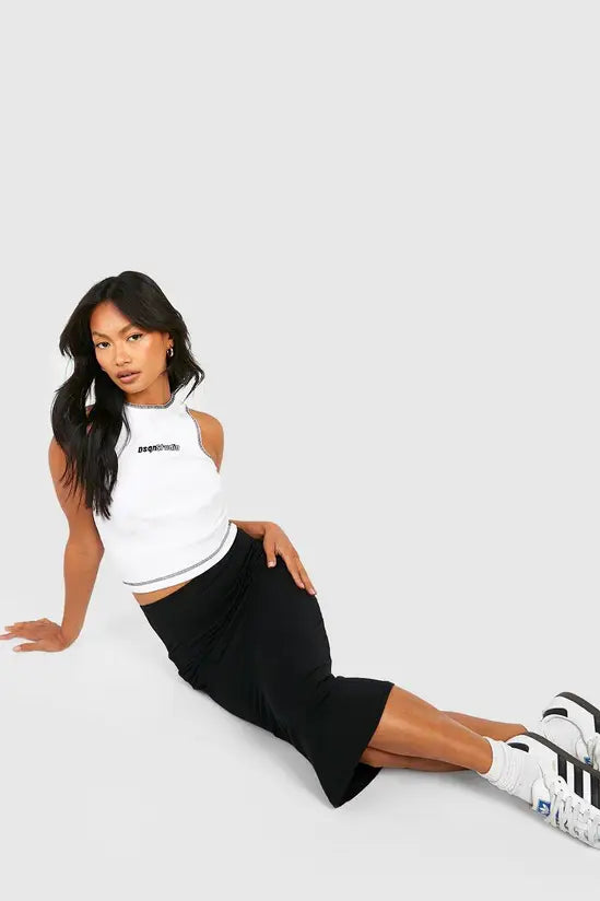 boohoo Basic Solid Black High Waisted Midi Skirt