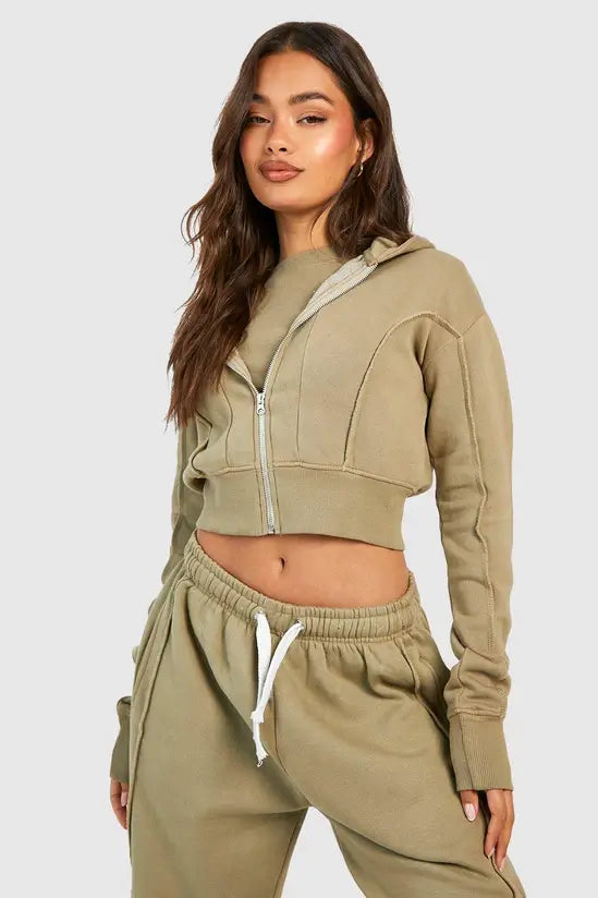 boohoo Washed Seam Detail Deep Hem Zip Through Hoodie