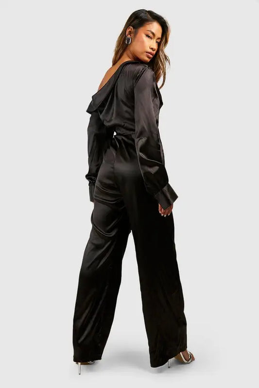 boohoo Satin One Shoulder Wide Leg Jumpsuit