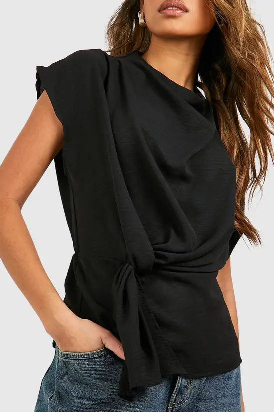 Boohoo Hammered Knot Front Cowl Neck Blouse