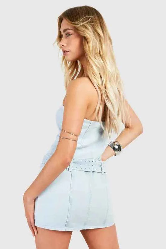 Boohoo - Belted Bandeau Denim Mini Dress