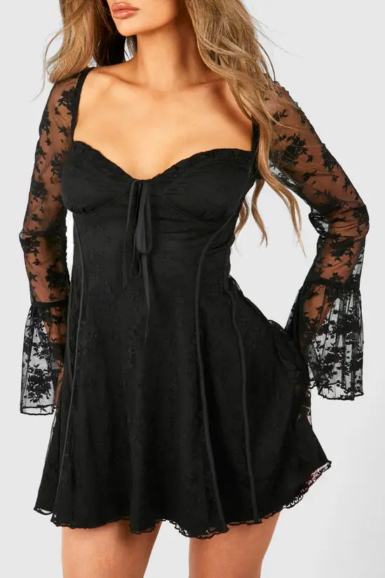 Boohoo Lace Baby Doll Flare Sleeve Mini Dress