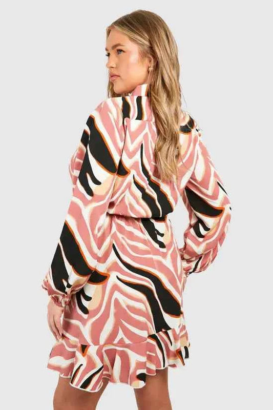 boohoo Plus Woven Abstract Floral Print Wrap Mini Dress