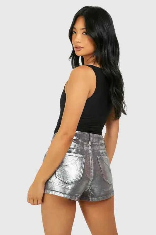 Boohoo Petite Silver Metallic Denim Shorts