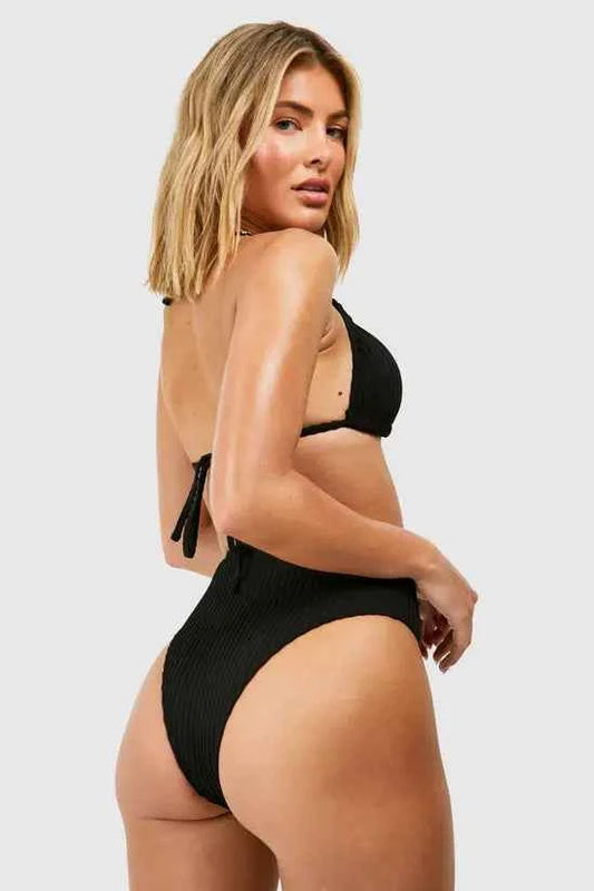 boohoo Textured Triangle Bikini Top & High Waisted Bikini Bottoms Set