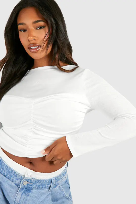boohoo Plus Sheer Ruched Slash Neck Top