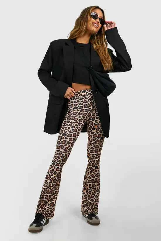 Boohoo Leopard High Waist Basic Fit & Flare Trouser