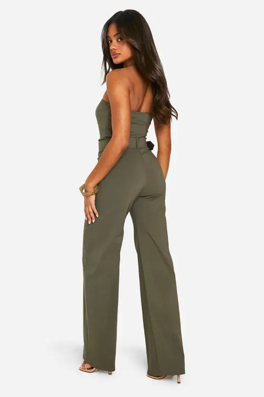 boohoo Belt Trim Bandeau Wide Leg Jumpsuit