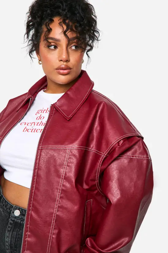 boohoo Plus Pu Contrast Stitch Oversized Bomber Jacket