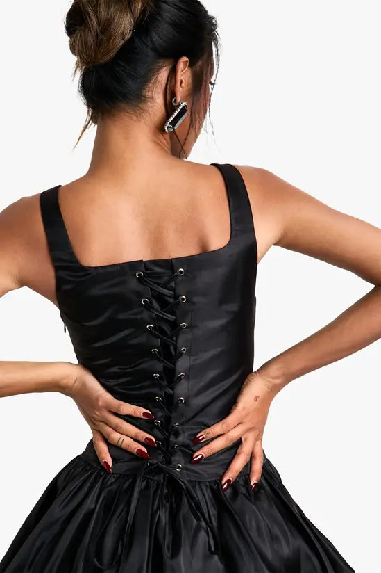 boohoo Taffeta Bubble Hem Lace Up Mini Dress