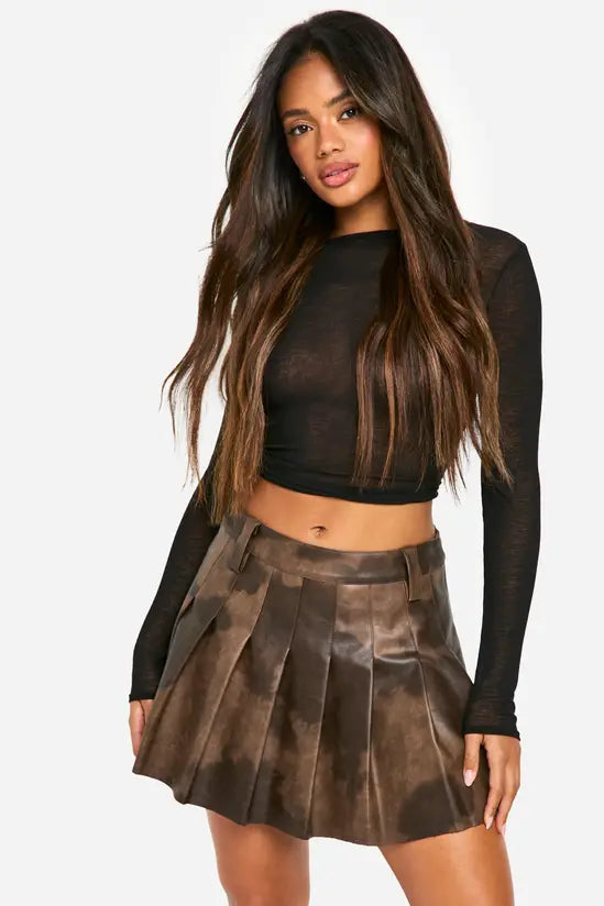 boohoo Washed Pu Pleated Tennis Skirt