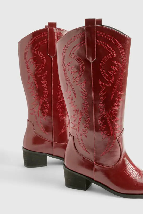 boohoo Vintage Look Calf Detail Embroidered Western Cowboy Boots
