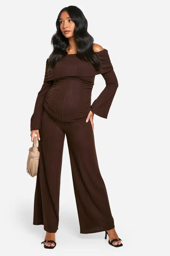 boohoo Emily Shak Maternity Soft Rib Fold Over Bardot Ruched Side Top