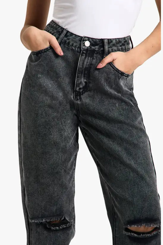 Boohoo Basics Ripped Knee Straight Leg Jeans