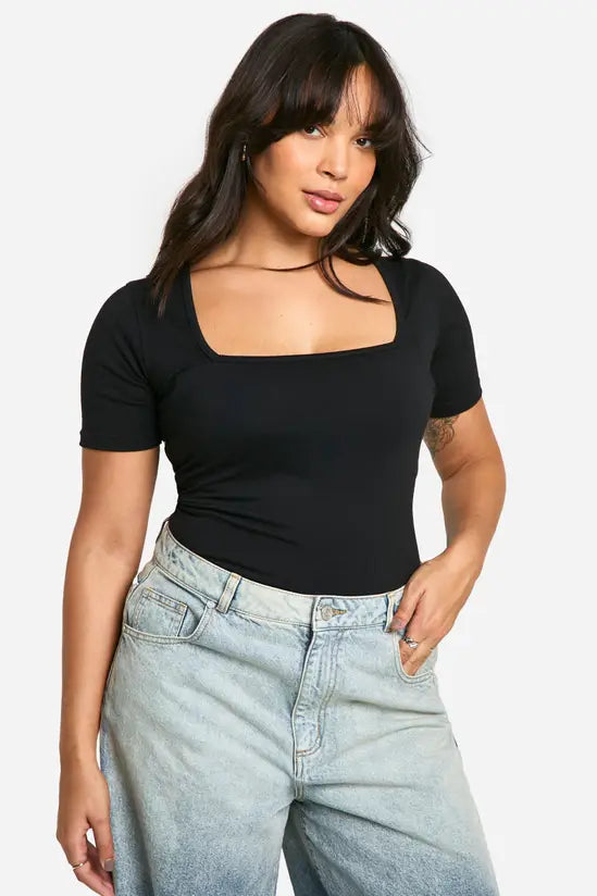 Boohoo Basics Plus Cotton Square Neck Short Sleeve Bodysuit