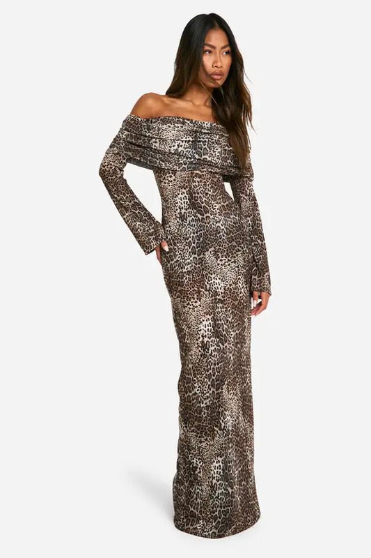 boohoo Animal Rib Knit Slouchy Bardot Maxi Dress