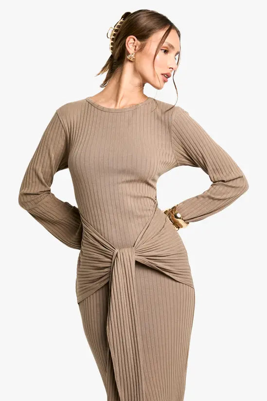 boohoo Wide Rib Ruched Tie Maxi Dress