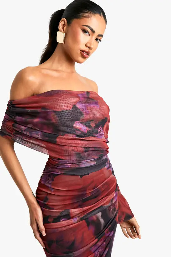 boohoo Assymetric ruched floral mesh maxi dress