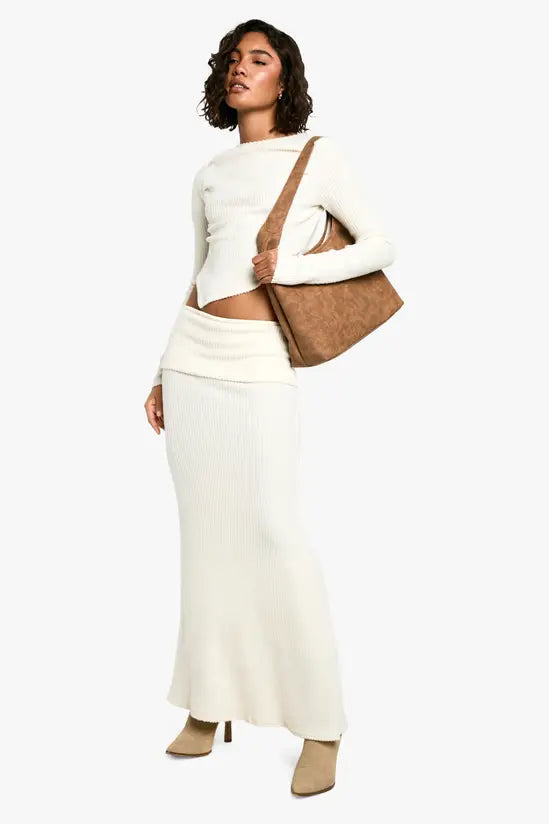 boohoo Tall Brushed Rib Bardot and Maxi Skirt