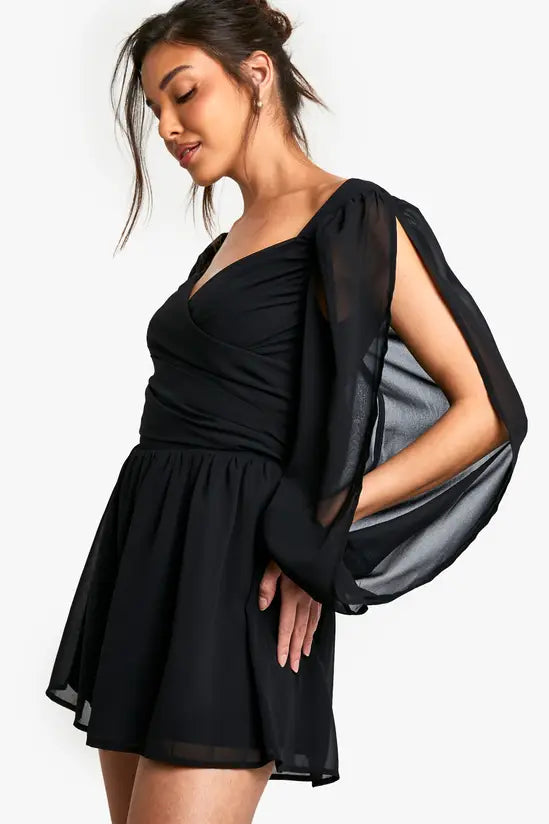 boohoo Chiffon Wrap Split Sleeve Playsuit