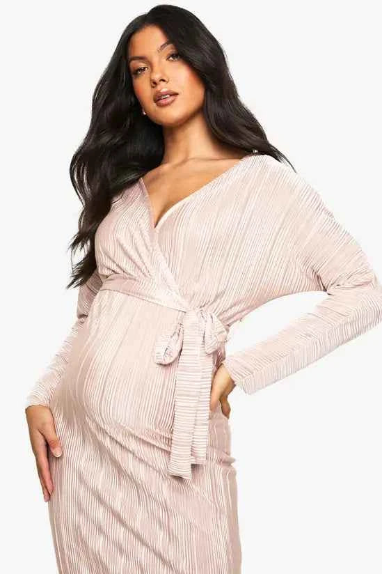 boohoo Maternity Plisse Belted Midi Dress