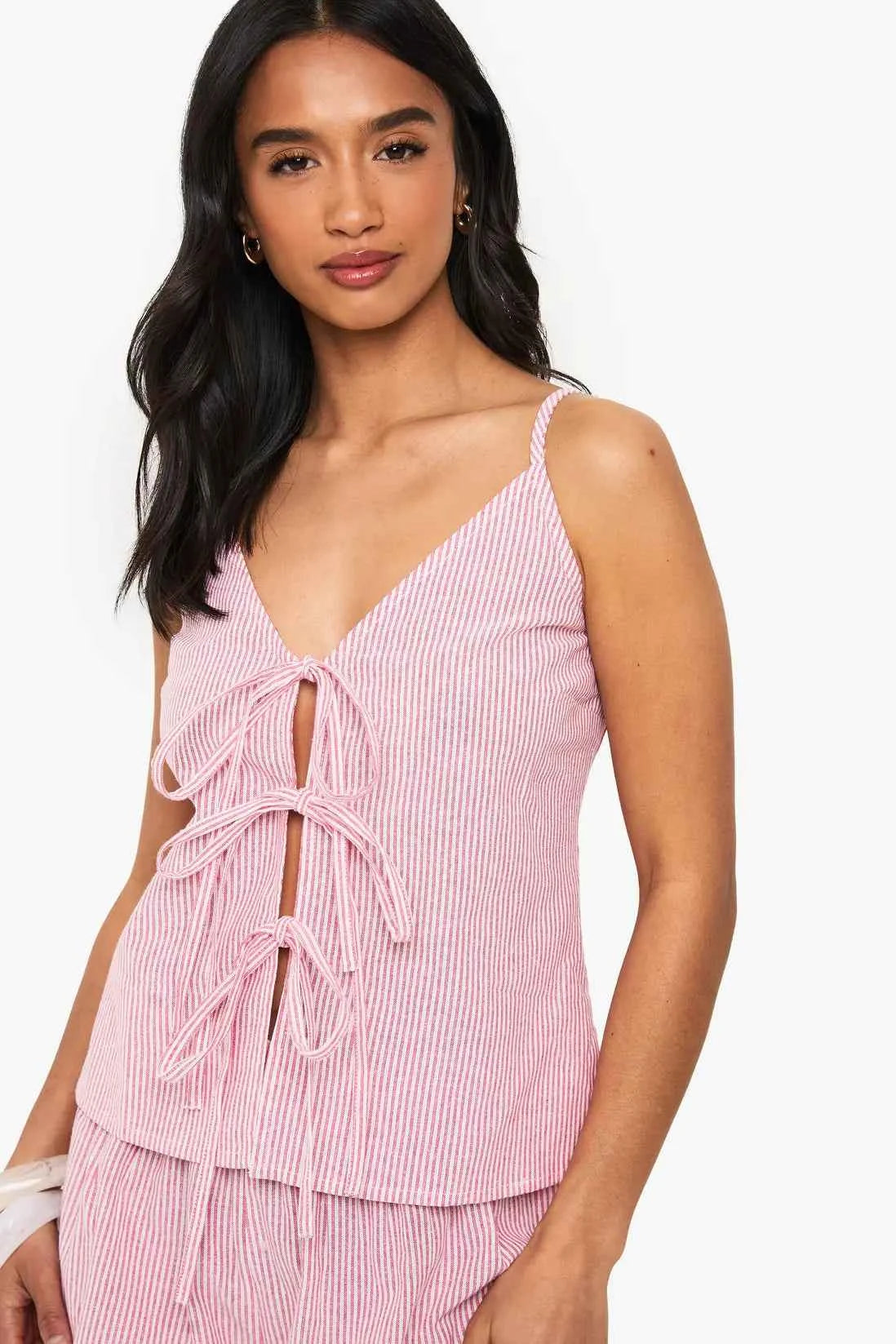 Boohoo Petite Pinstripe Halter Neck Tie Short Co Ord SET