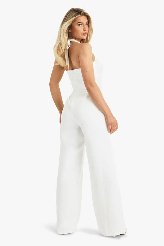 boohoo Premium Satin Boned Corset Halterneck Wide Leg Jumpsuit