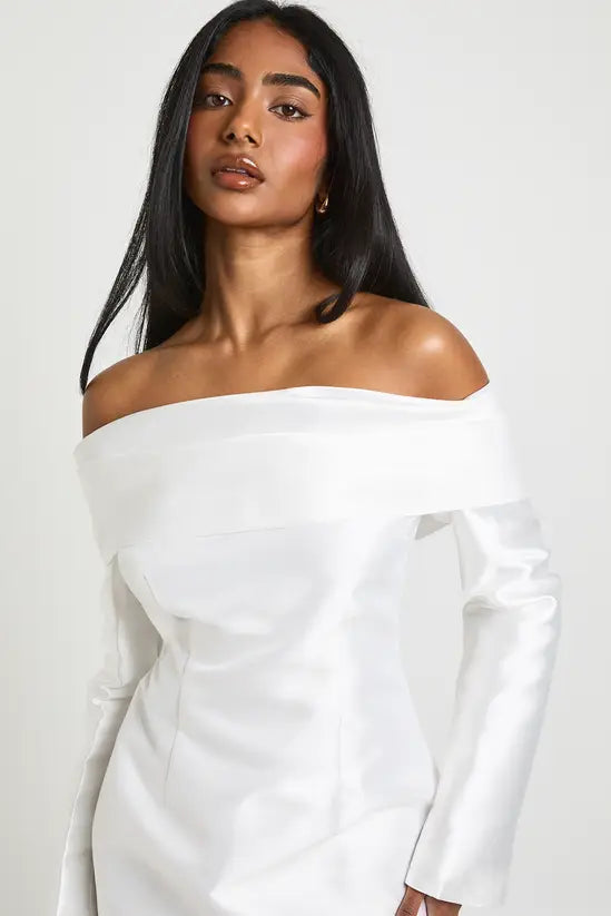 boohoo Satin Structured Bardot Mini Dress