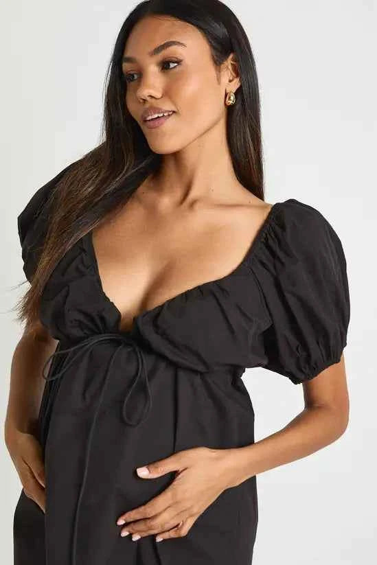 boohoo Maternity Cotton Tie Front Puff Sleeve Skater Dress
