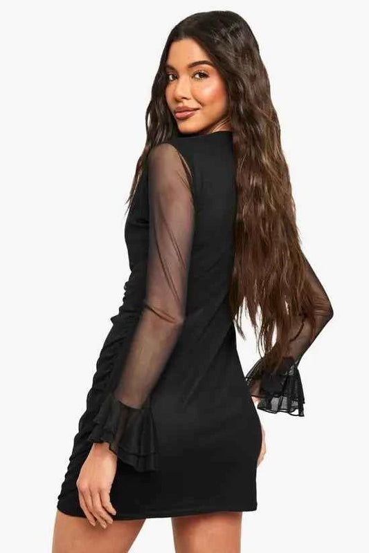 boohoo Mesh Flare Sleeve Mini Dress