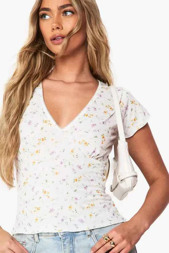 boohoo Textured Ditsy Picot Trim V Neck Top