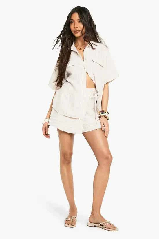 boohoo Woven Linen Look Striped Skort